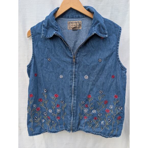 Vintage Tantrum Blues Full Zip Floral Embroidered Denim Vest Sz 1X Retro Grandma - Picture 1 of 5